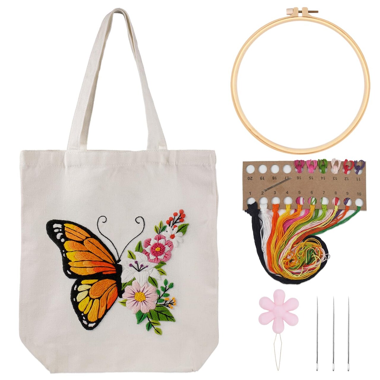 Embroidery Kit Canvas Tote Bag for Beginners,Cross Stitch Kits for Adults,DIY Needlepoint with Butterfly Floral Pattern,Women Shopping Reusable Grocery Bags